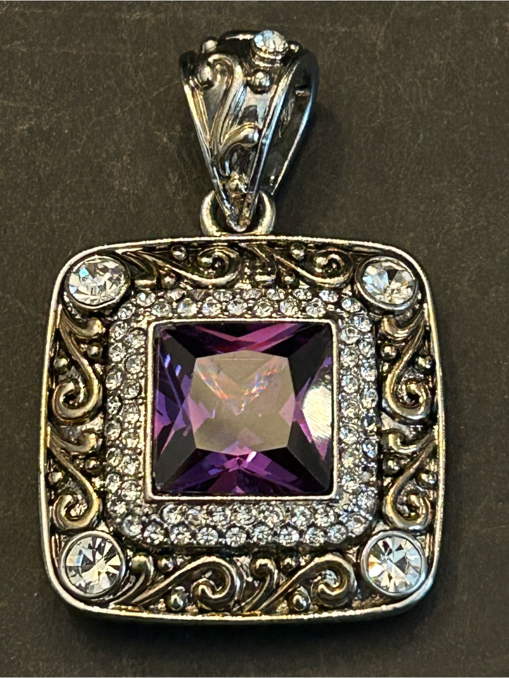 Estate Two-Tone Square Amethyst Purple Gem Filigree Pendant w/8.9mm Bale